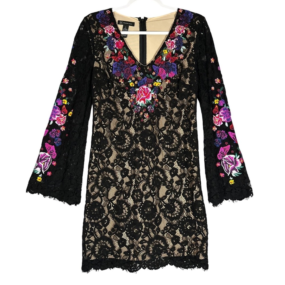 INC International Concepts Black Lace Floral Embroidered Dress Sz 4 Butterflies